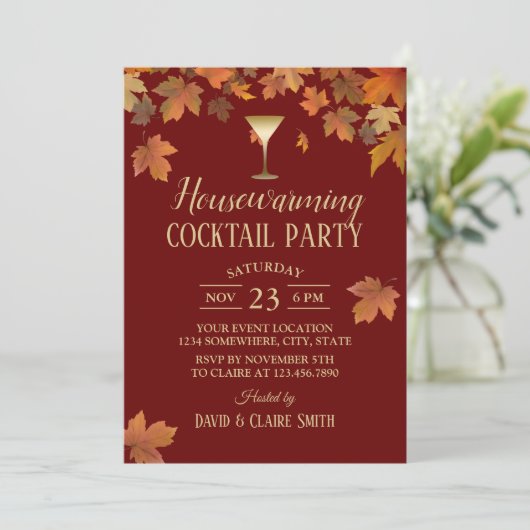 Autumn Leaves Burgundy Red Housewarming Party Kaart (Staand voorkant)