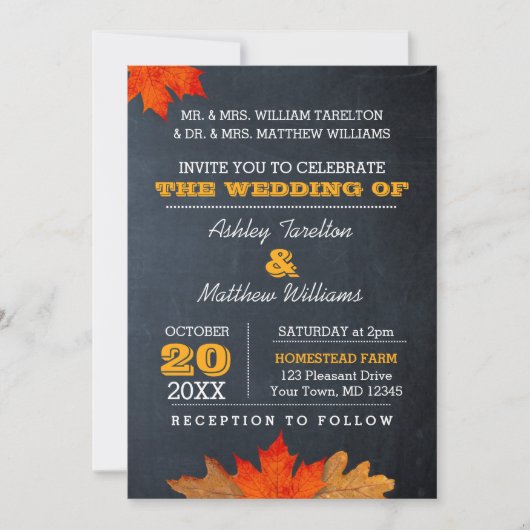 Autumn Leaves Chalkboard Wedding Uitnodiging (Voorkant)