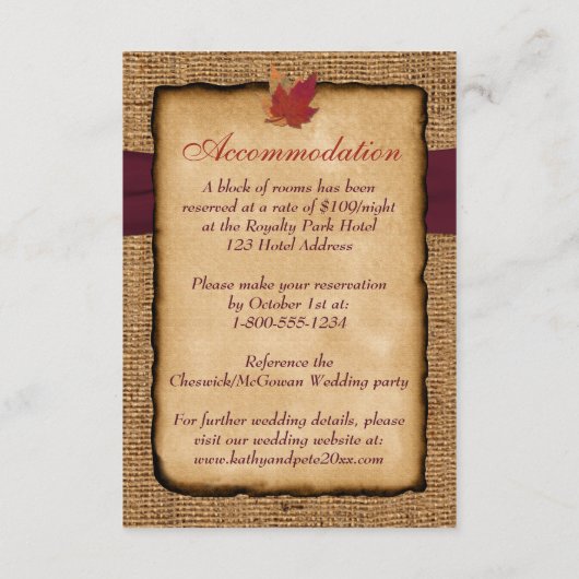 Autumn Leaves, FAUX Burlap Enclosure Card - Wine Informatiekaartje (Achterkant)