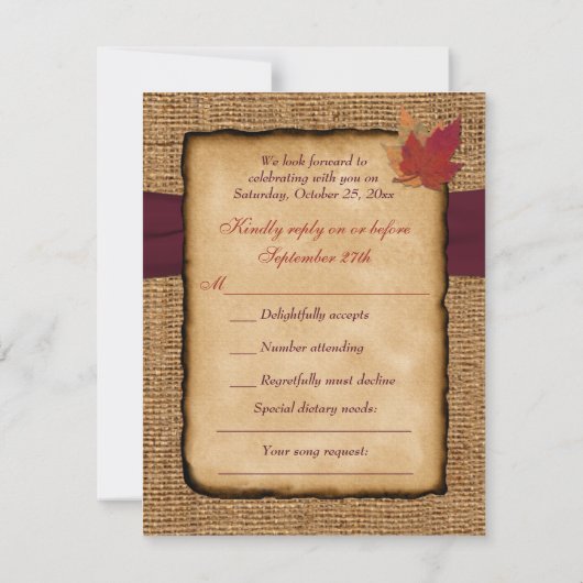 Autumn Leaves, FAUX Burlap RSVP Card - Wine (Achterkant)