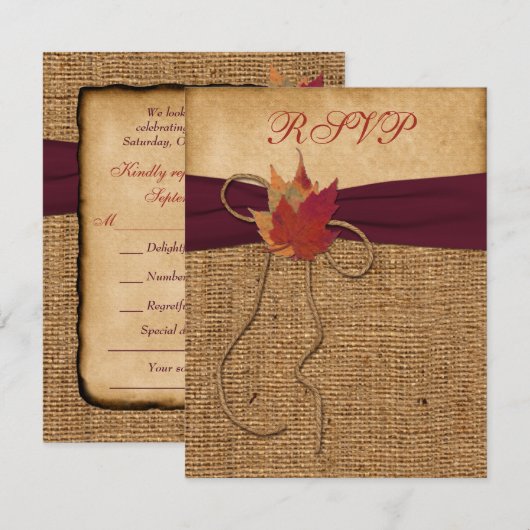 Autumn Leaves, FAUX Burlap RSVP Card - Wine (Voorkant / Achterkant)