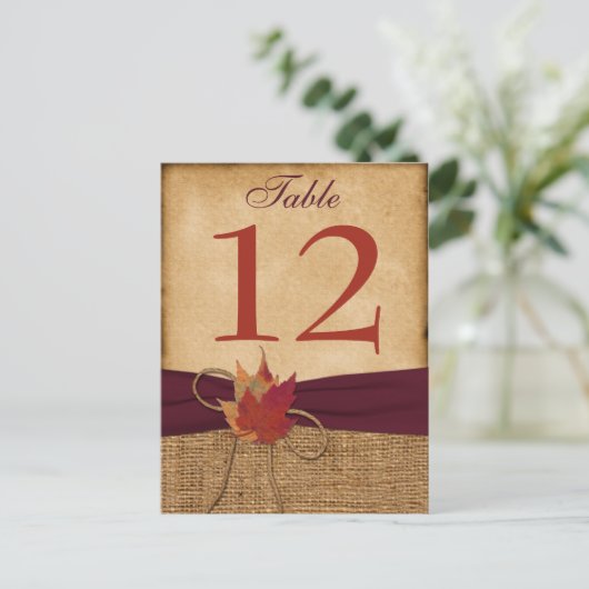 Autumn Leaves FAUX Burlap Table Number Kaart - Wij (Staand voorkant)