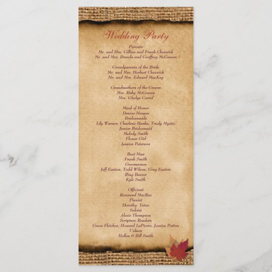 Autumn Leaves FAUX Burlap Wedding Program - Wijn Programmakaart (Achterkant)