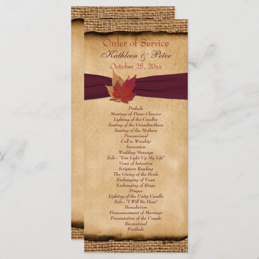 Autumn Leaves FAUX Burlap Wedding Program - Wijn Programmakaart (Voorkant / Achterkant)