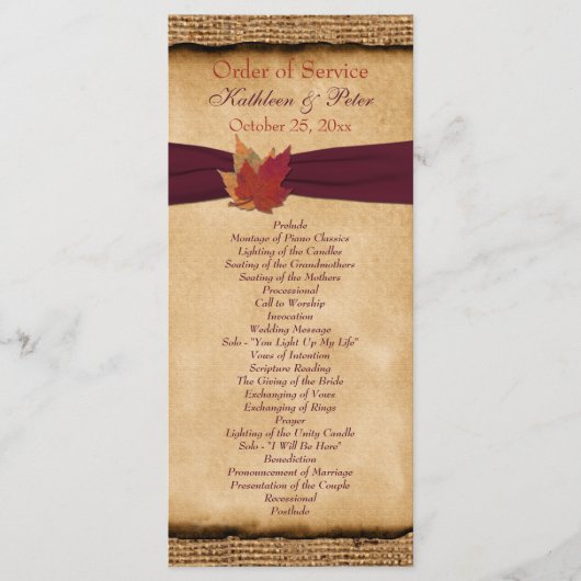 Autumn Leaves FAUX Burlap Wedding Program - Wijn Programmakaart (Voorkant)