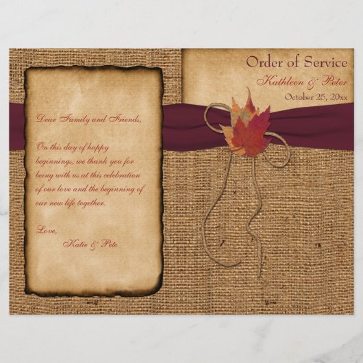 Autumn Leaves, FAUX Burlap Wedding Program - Wine (Voorkant)
