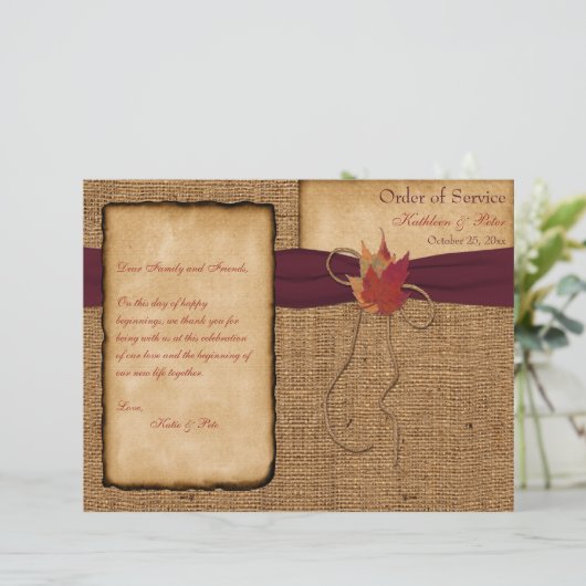 Autumn Leaves, FAUX Burlap Wedding Program - Wine (Staand voorkant)