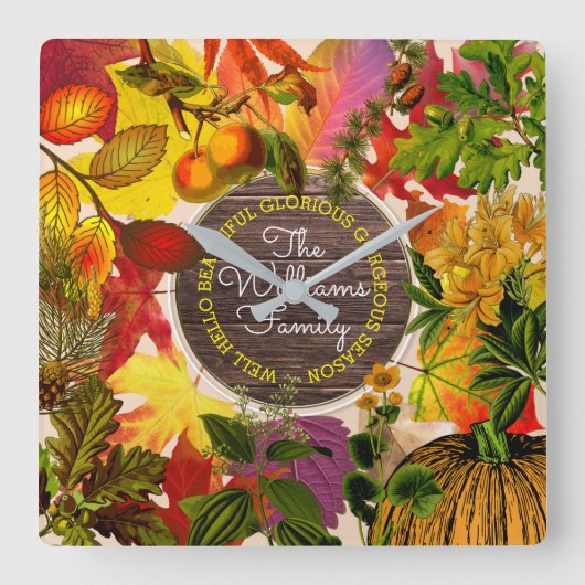 Autumn Leaves Herfst Collage Monogram Hout Vierkante Klok (Voorkant)