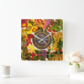 Autumn Leaves Herfst Collage Monogram Hout Vierkante Klok (Huis)