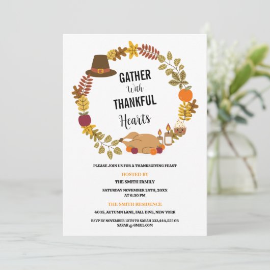 Autumn Leaves Krans Thanksgiving Dinner Party Kaart (Staand voorkant)