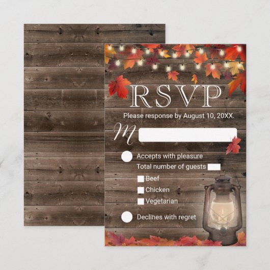 Autumn Leaves Lantern Rustic Fall Wedding RSVP (Voorkant / Achterkant)