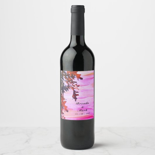 Autumn Leaves Oranje Pink Weddenschap Wijn Etiket (Voorkant)