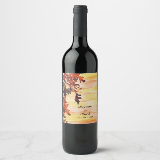 Autumn Leaves Oranje Yellow Swirl Wedding Party Wijn Etiket (Voorkant)