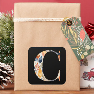 Autumn Leaves Patroon Letter C Zwart Initiaal Vierkante Sticker