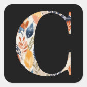 Autumn Leaves Patroon Letter C Zwart Initiaal Vierkante Sticker (Voorkant)