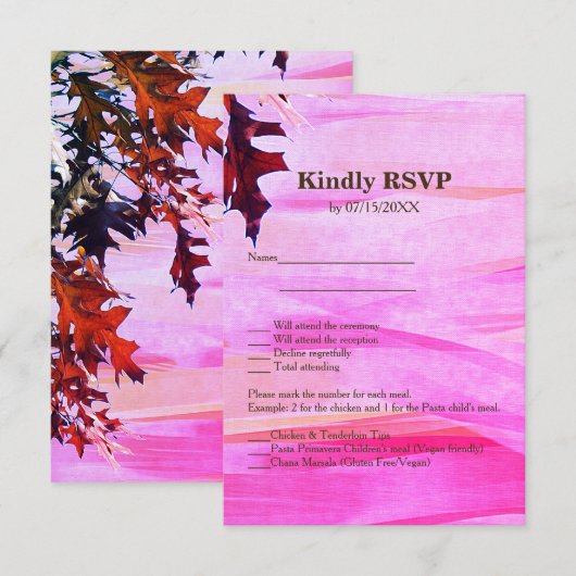 Autumn Leaves Pink RSVP Menu Kaart (Voorkant / Achterkant)