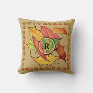 Autumn Leaves Pumpkin Border Monogramed Kussen