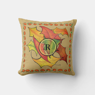 Autumn Leaves Pumpkin Border Monogramed Kussen