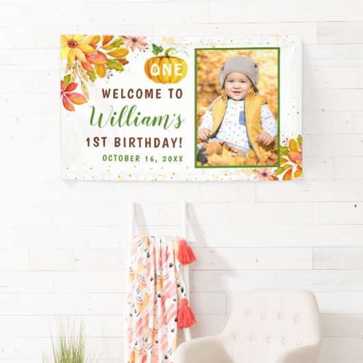 Autumn Leaves Pumpkin Herfst Birthday Foto Welkom Spandoek (Insitu)
