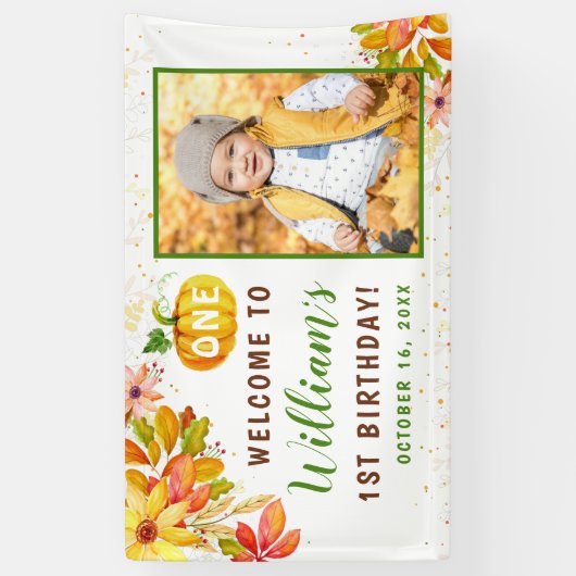 Autumn Leaves Pumpkin Herfst Birthday Foto Welkom Spandoek (Verticaal)