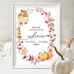 Autumn Leaves Pumpkin Vrijgezellenfeest Advice Sig Poster<br><div class="desc">Mooie herfstbladeren waterverf, pompoen herfst-thema vrijgezellenfeest advies, en goed wensen teken. Gemakkelijk te personaliseren met uw gegevens. Neem contact met me op via chat als je vragen hebt over het kunstwerk of aanpassing nodig hebt. LET OP: Voor hulp bij bestellingen, verzending, productinformatie, enz., Neem rechtstreeks contact op met Zazzle Customer...</div>