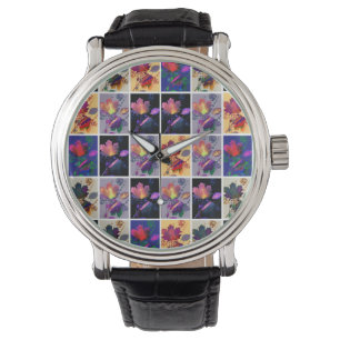 Autumn Leaves Rustic Patchwork Quilt Collage Horloge