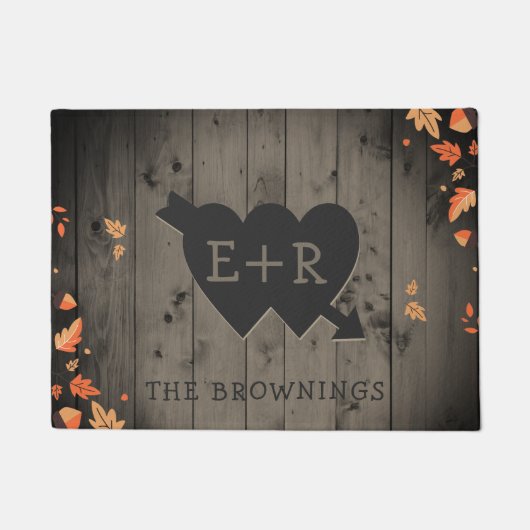 Autumn Leaves Rustic Wood Romantic Hearts Initiale Deurmat (Voorkant)