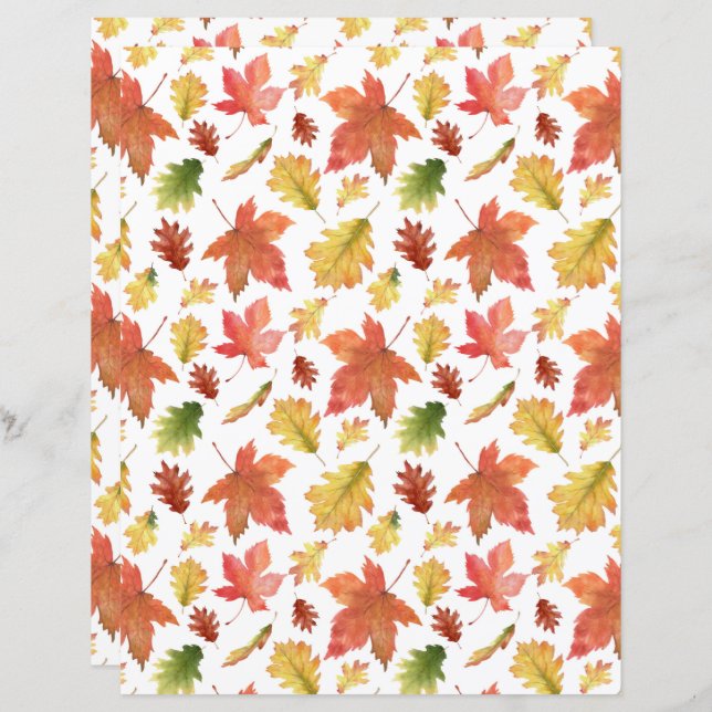 Autumn Leaves Scrapbook Paper in het wit (Voorkant / Achterkant)