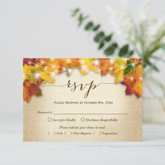 Autumn Leaves String Lights Burlap Wedding RSVP (Staand voorkant)