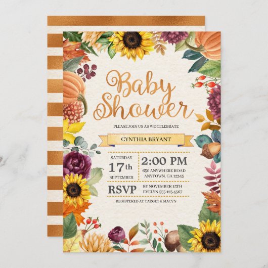 Autumn Leaves Sunflower Herfst Baby shower Kaart (Voorkant / Achterkant)