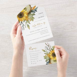 AUTUMN LEAVES SUNFLOWER WOODEN LOG FLORAL WEDDING ALL IN ONE UITNODIGING