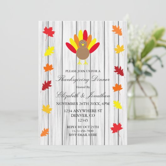 Autumn Leaves Thanksgiving Turkey Rustic Wood Kaart (Staand voorkant)