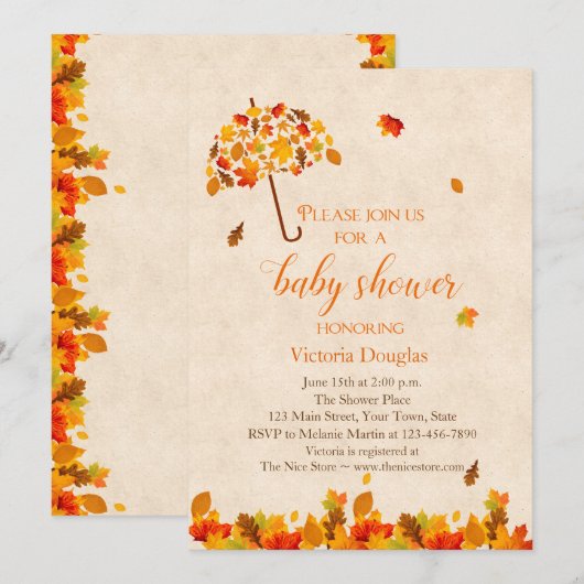 Autumn Leaves Umbrella Baby shower Invitation Kaart (Voorkant / Achterkant)