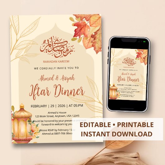 Autumn Leaves Watercolor Iftar Dinner Invitation Kaart