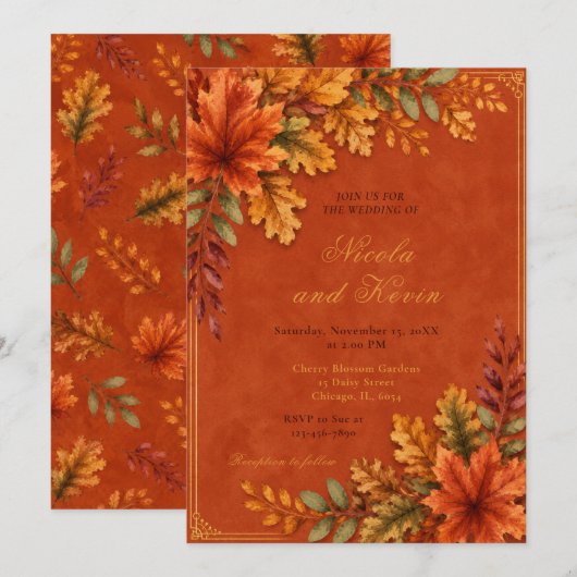 Autumn Leaves Wedding Terracotta Kaart (Voorkant / Achterkant)
