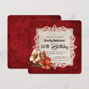 Autumn Lilies Dark Red Damask Birthday Party Kaart