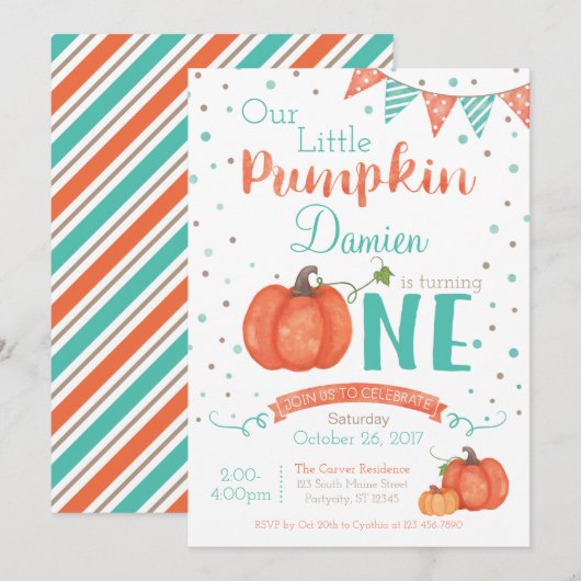 Autumn Little Pumpkin 1st Birthday Invitation Kaart (Voorkant / Achterkant)