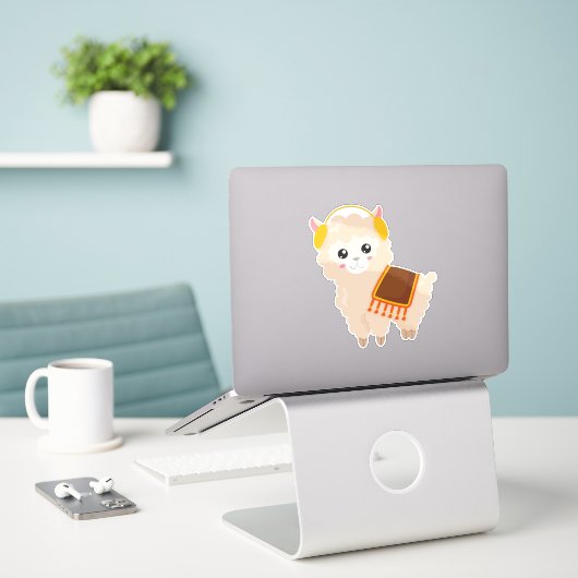 Autumn Llama, Cute Llama, Cute Alpaca, Ear Muffs Sticker (Laptop op bureau)
