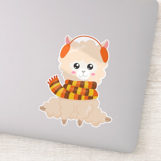 Autumn Llama, Cute Llama, Llama met Scarf, Alpaca Sticker (Detail)