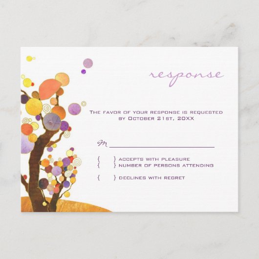 Autumn Love Trees Paarse Wedding RSVP Uitnodiging Briefkaart (Voorkant)