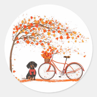 Autumn Maple Dachshund Leaf Herfst Cycling Cute Wi Ronde Sticker