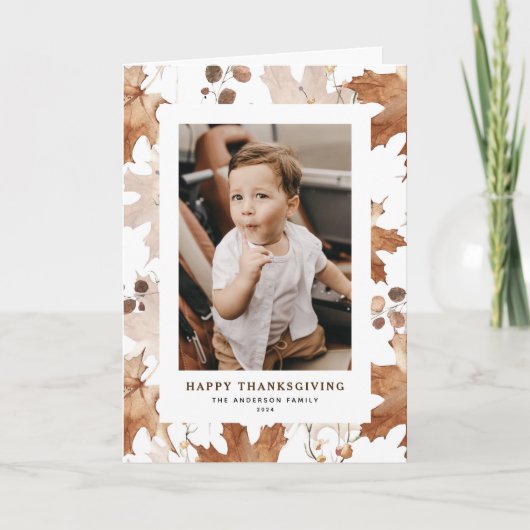 Autumn Maple laat Happy Thanksgiving-foto achter Feestdagen Kaart (Voorkant)