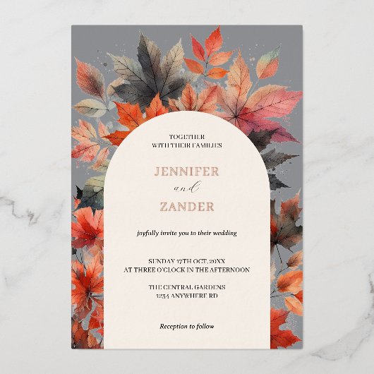Autumn Maple Leaf Grey Wedding Elegante Waterverf Folie Uitnodiging