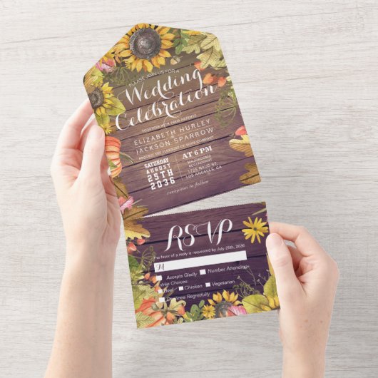 Autumn Maple Leaf Pumpkin Rustic Wood Wedding RSVP All In One Uitnodiging (Afscheurbaar)