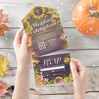 Autumn Maple Leaf Pumpkin Rustic Wood Wedding RSVP All In One Uitnodiging