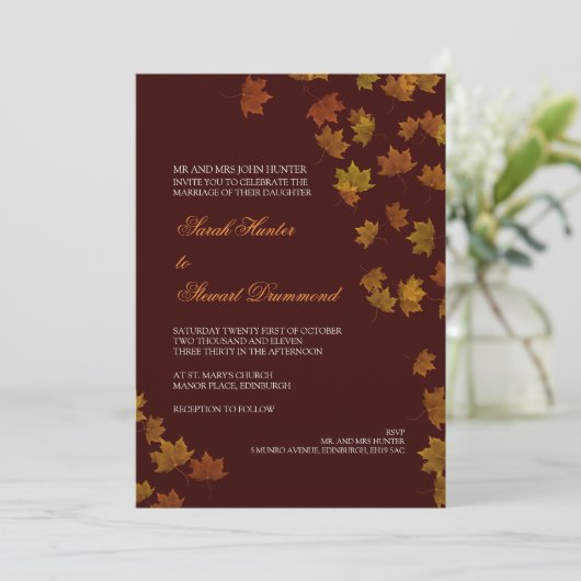 Autumn Maple Leaf Wedding Invitation - Brown Kaart (Staand voorkant)