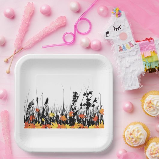 Autumn Maple Leaves en Wild Grass Silhouette Papieren Bordje (Feest)