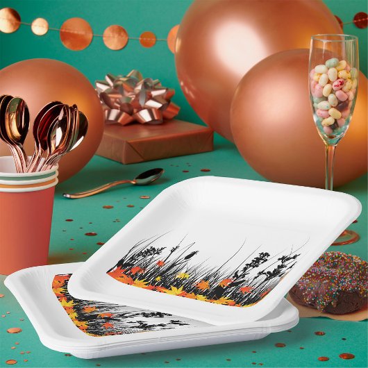 Autumn Maple Leaves en Wild Grass Silhouette Papieren Bordje