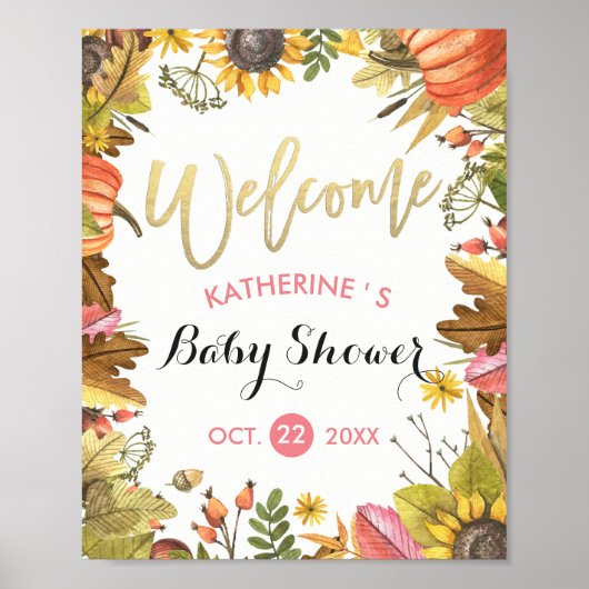 Autumn Maple Leaves & Pumpkin Baby shower Welkom Poster (Voorkant)