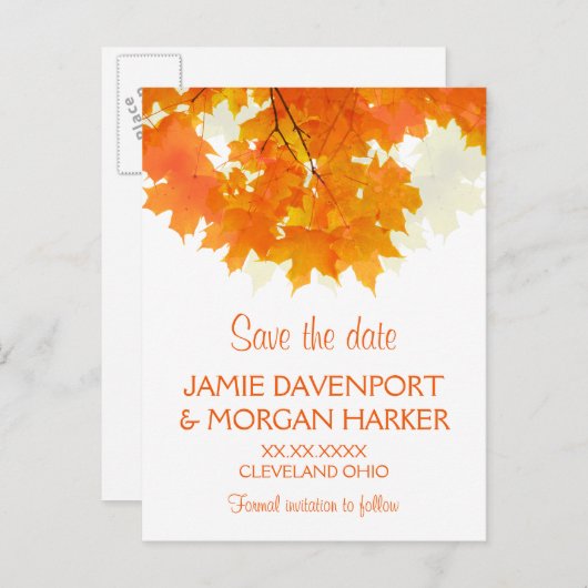 Autumn Maple Leaves Wedding Save the Date Aankondigingskaart (Voorkant / Achterkant)